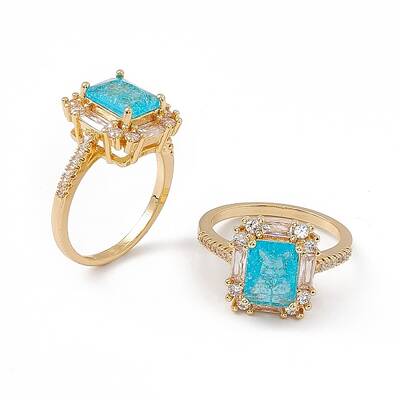 Deep Sky Blue Glass Rectangle Finger Ring with Cubic Zirconia
