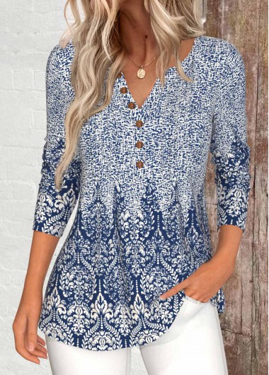 Modlily Blue Button Tribal Print Long Sleeve T Shirt - XXL