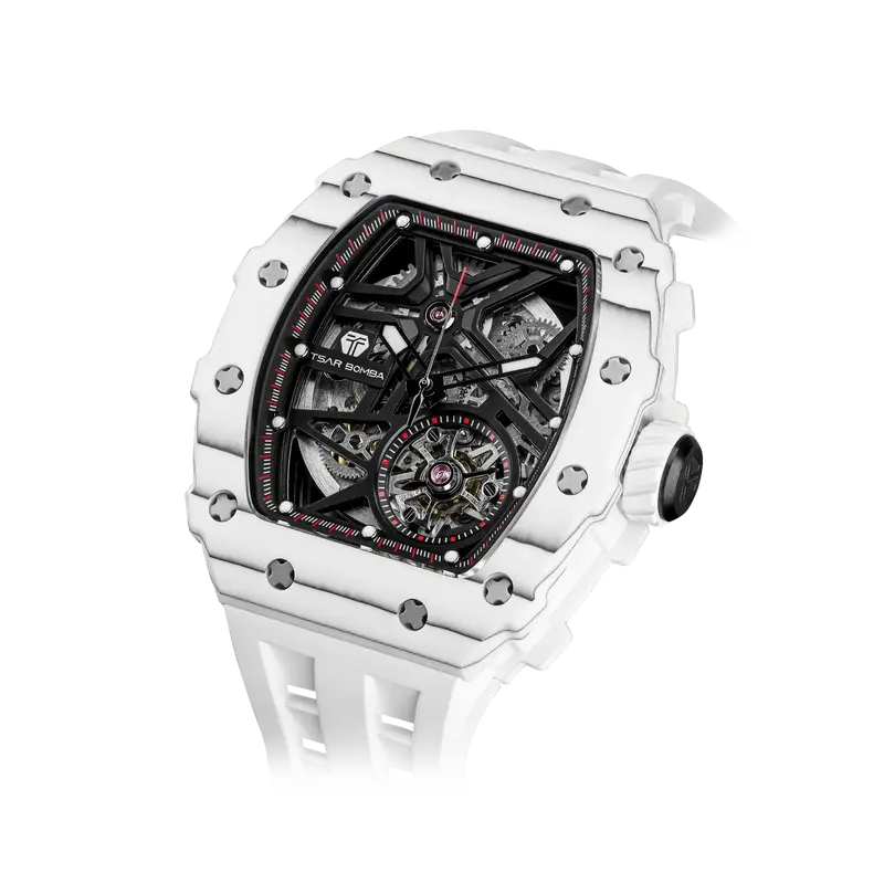 TSAR BOMBA Men's Luxury Tonneau Mechanical Sport Watch | Carbon Fiber Watch | White | Elemental TB8209CF | Japanese Automatic...