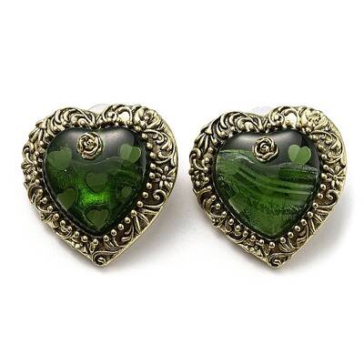 Glass Heart with Rose Stud Earrings