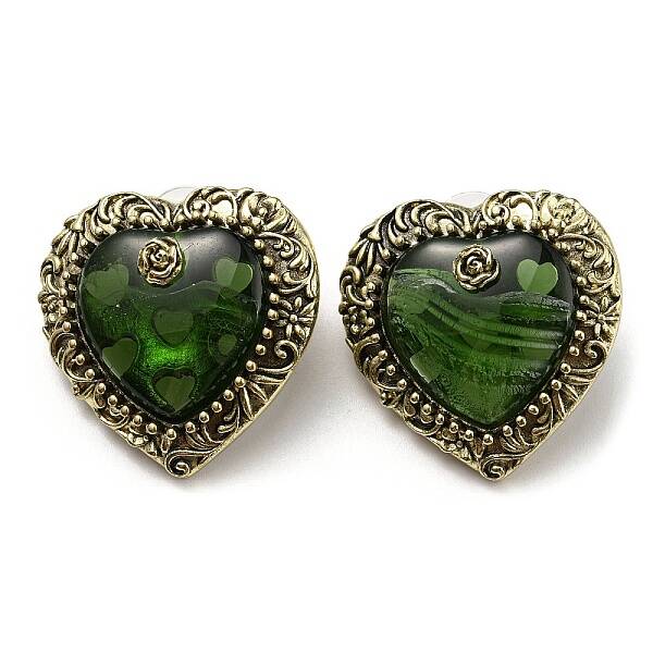 Glass Heart with Rose Stud Earrings