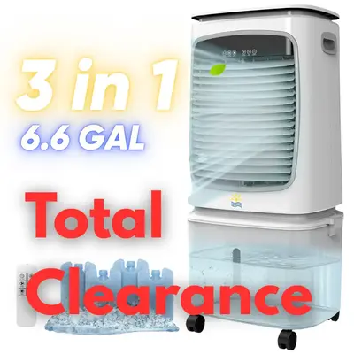 3-in-1 Evaporative Air Cooler - 1800CFM Swamp Cooler Portable Air Conditioner with 6.6 Gallon Water Tank & 4 Ice Box - 120°O...