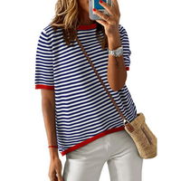 Dokotoo Womens Summer Tops 2025 Casual Crewneck Short Sleeve Striped Color Block Knitted High Low Thin T Shirts Sweaters Skir...