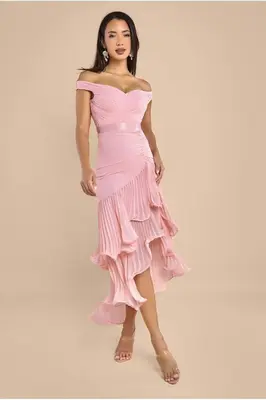 Goddiva Pleated Bardot High Low Tier Chiffon Midaxi Dress - Blush Pink