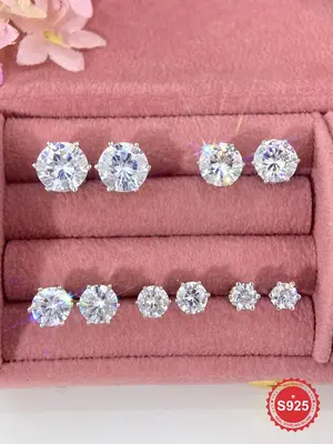 925 Sterling Silver Elegant Round Zircon Stud Earrings, Fashion Jewelry for Party, Daily Clothing Decor, Trendy All-match & E...