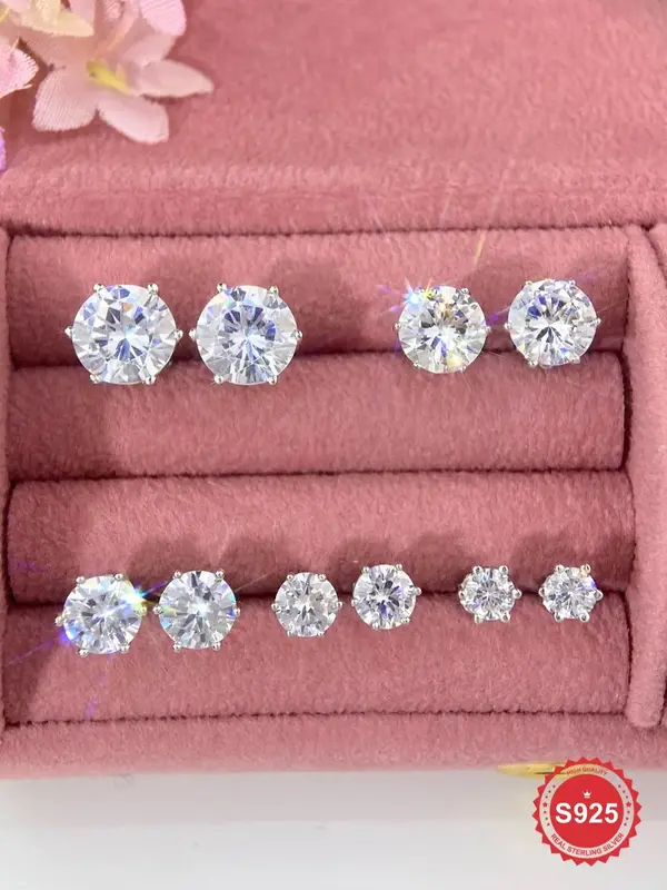 925 Sterling Silver Elegant Round Zircon Stud Earrings, Fashion Jewelry for Party, Daily Clothing Decor, Trendy All-match & E...
