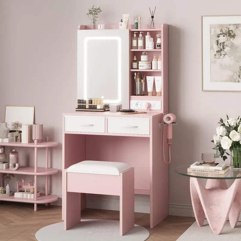Garvee Makeup Vanity Desk with Mirror and Lights, Vanity Table with Charging Station, Power Outlets & USB Ports, Drawers, She...