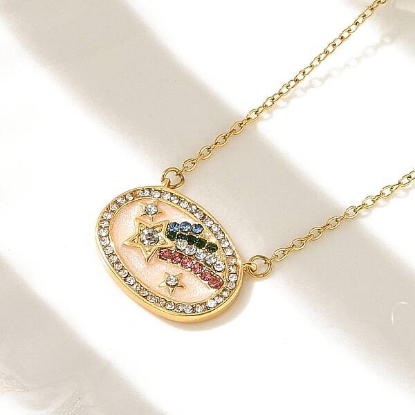 Brass Micro Pave Cubic Zirconia Star Oval Pendant Necklaces
