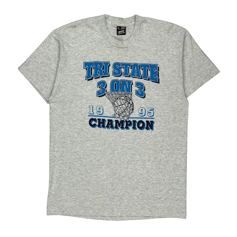 Single Stitch Fruit Of The Loom Graphic T-Shirt - XL Grey Cotton Blend