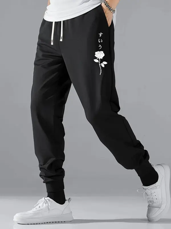 Men's Rose Print Pocket Drawstring Waist Sweatpants, Casual Soft Comfort Regular Fit Floral Print Elastic Waist Jogger Pants...