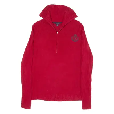TOMMY HILFIGER Jumper Red Chunky Knit 1/4 Zip Womens L