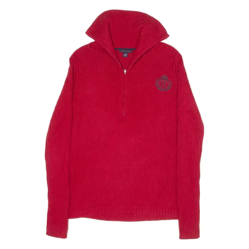 TOMMY HILFIGER Jumper Red Chunky Knit 1/4 Zip Womens L
