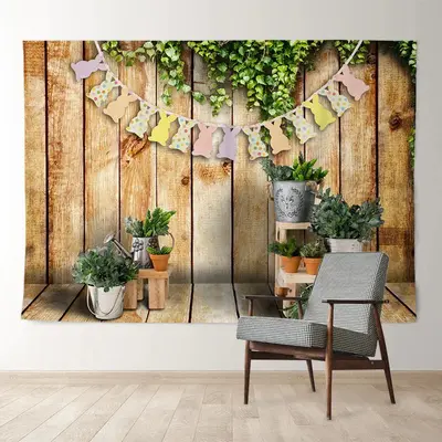 Aperturee Wooden Yard Rabbit Flag Happy Easter Day Backdrop