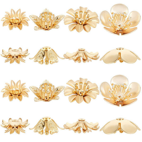 Beebeecraft 24Pcs/Box 4 Style Bead Caps 18K Gold Plated Brass Flower Beads Caps for Bracelet Necklace Earrings Jewelry Making...