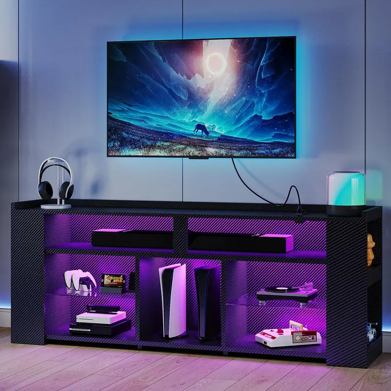 IRONCK Entertainment Center with Storage, Tall TV Stand W/Power Outlet, LED Gaming TV Cabinet for PS5, Black TV Stand with Ca...