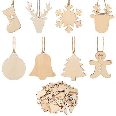 8 Bag 8 Style Unfinished Natural Wood Cutouts Ornaments