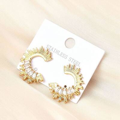 C-Shaped 304 Stainless Steel Micro Pave Clear Cubic Zirconia Stud Earrings