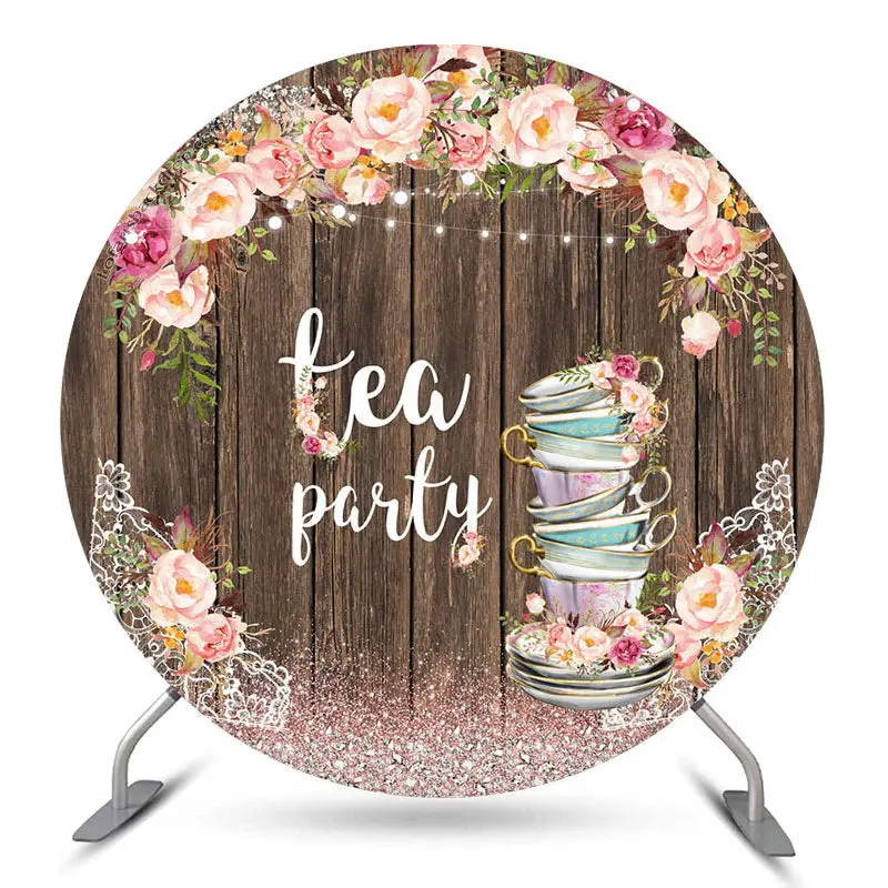 Aperturee Sparkling Floral Wooden Circle Tea Party Backdrop | Circle Party Backdrop | Round Backdrop Cover Diy | Round Birthd...