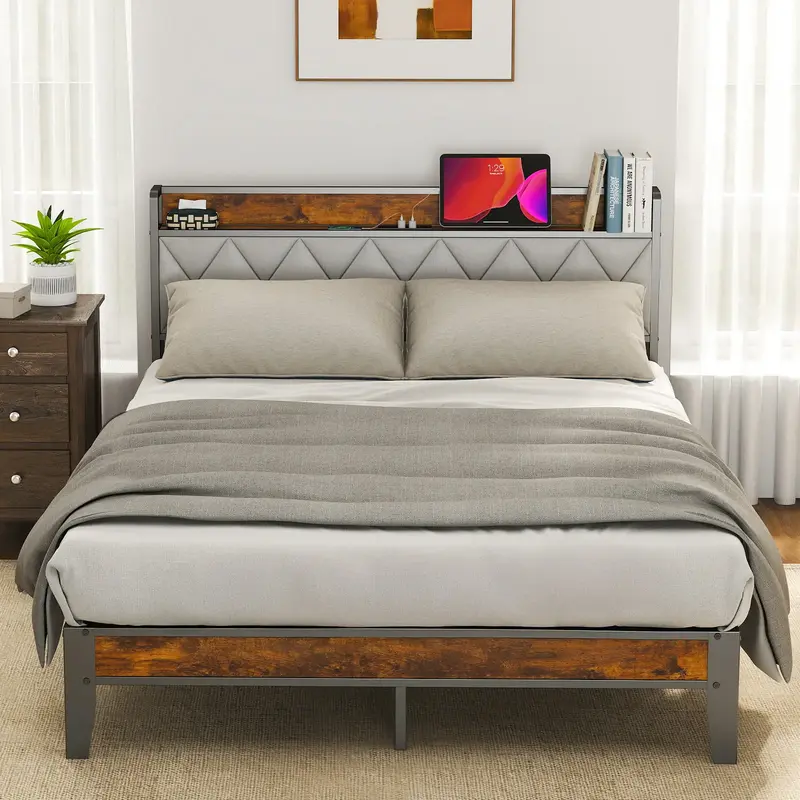Bed Frame with Headboard,Spacious Underbed Storage,Integrated Charging Station,Durable Squeak-Free Frame,Simple No-Tool Assem...