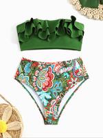 Two-piece Set Women's Floral Print Ruffle Bandeau Bra & High Waist Panty Bikini Set, Casual Two-piece Set for Summer, Ladies ...