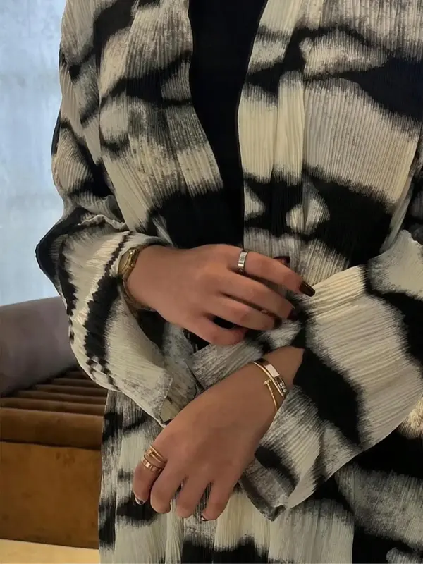 Women's Colorblock Print Open Front Abaya, Casual Long Sleeve Outerwear for Daily Wear, Ladies Clothes for All Seasons