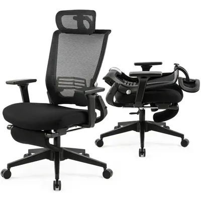Foldable Office Chair with Foot Rest, Ergonomic Office Chair with Adjustable Lumbar Support, Headrest, Armrest, High Back Mes...