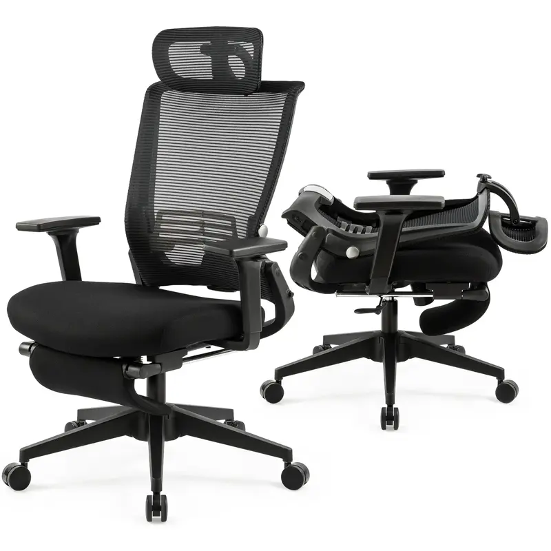 Foldable Office Chair with Foot Rest, Ergonomic Office Chair with Adjustable Lumbar Support, Headrest, Armrest, High Back Mes...