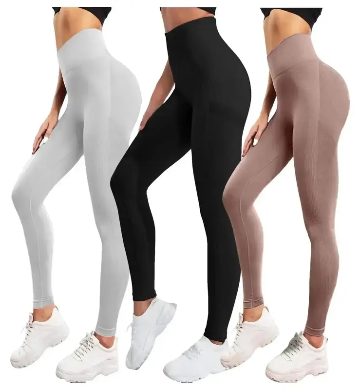 Women's Plain Wide Waistband Sports Leggings, Sport High Waisted Leggings, Seamless Hip Lifting Leggings, Scrunch Hip High St...