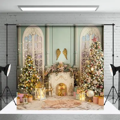 Green Beige Palace Fireplace Christmas Tree Backdrop - Aperturee