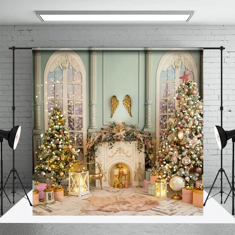 Green Beige Palace Fireplace Christmas Tree Backdrop - Aperturee