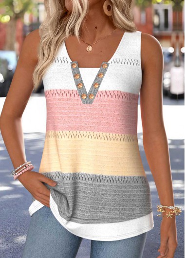 Modlily Multi Color Striped Tummy Coverage Sleeveless Tank Top - M