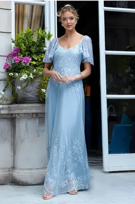 Goddiva Lace Flutter Sleeve Embroidered Mesh A Line Maxi Dress - Blue