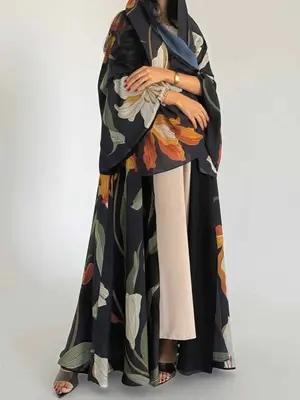 Women's Elegant Islamic Two-Piece Set with Scarf, Open-Print Long Robe, Loose-Fit Woven Fabric, All Seasons Fashionable Cloth...