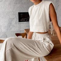 Fashion Cotton and Linen Suit Women's Summer New Shoulder Pads Sleeveless Top Trousers Two-piece Set