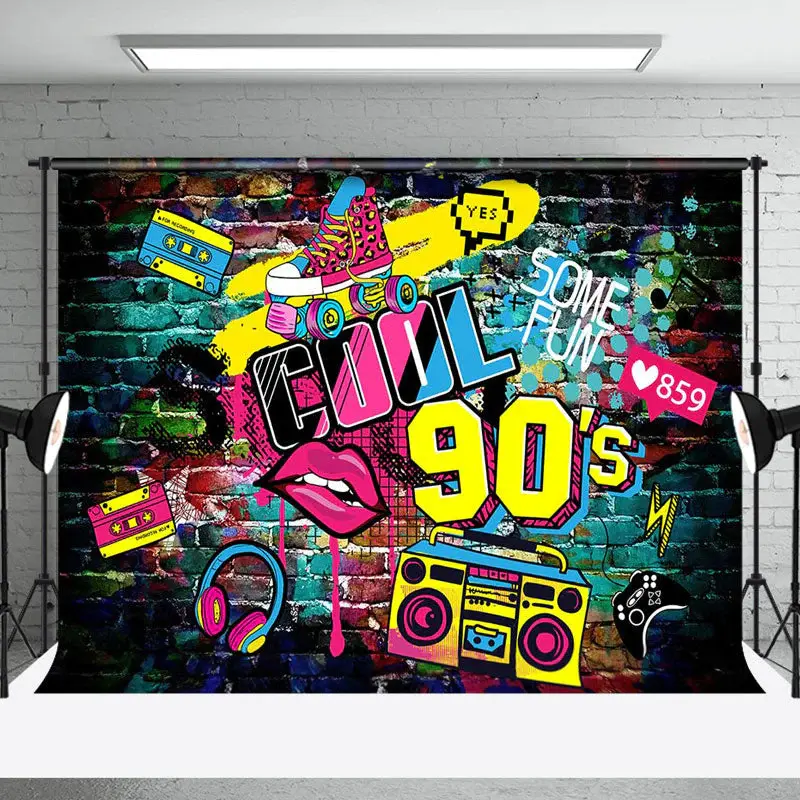 Graffiti Brick Wall Cool 90s Disco Party Backdrop - Aperturee