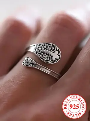 925 Sterling Silver Vintage Cross & Flower Decor Cuff Ring, Adjustable Open Ring For Women & Men, Fashion Accessories For Par...