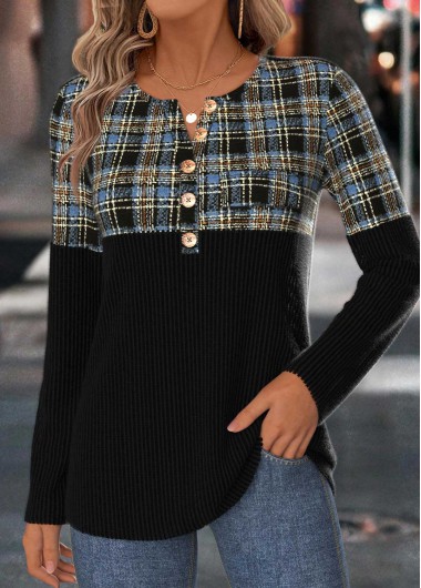 Modlily Black Tummy Coverage Plaid Long Sleeve T Shirt - XL