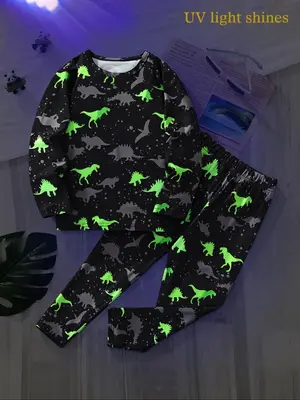 Two-piece Set Boy's Fluorescent Dinosaur Print Sweatshirt & Pants Set, Casual Long Sleeve Round Neck Pullover & Trousers for ...