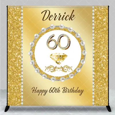 Aperturee Gold Glitter Pearl Custom Name 60th Birthday Backdrop, 3X3FT(1X1M), 15 USD, custom birthday backdrops, DZCJ8N31-O