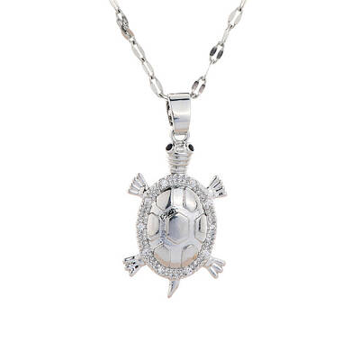 Brass Clear Cubic Zirconia Shiny Tortoise Pendant Dapped Chain Necklaces for Women
