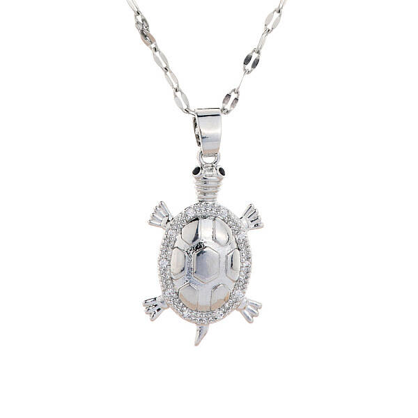 Brass Clear Cubic Zirconia Shiny Tortoise Pendant Dapped Chain Necklaces for Women
