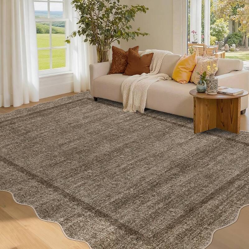 Garvee Extra Large Washable Rug 10x13 Scalloped Washable Rug with Non Slip TPR Backing, Soft Non Shedding Neutral Carpet, Ind...