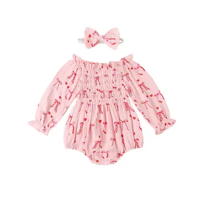 Baby Girls Rompers Bow Heart Print Smocked Off Shoulder Long Sleeve Jumpsuits Fall Winter Spring Clothes Bodysuits with Headb...