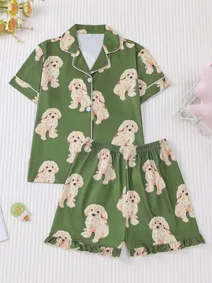 2 pieces of girls' and children's printed short sleeved shorts and sleepwear set with pockets, buttons, and elastic waistband...