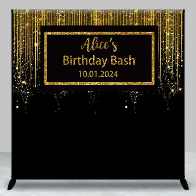 Glitter Gold Black Custom Birthday Bash Backdrop - Aperturee