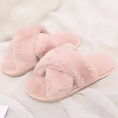 Women's Cross Band Slippers Lightweight Soft Open Toe Winter House Shoes for Indoor