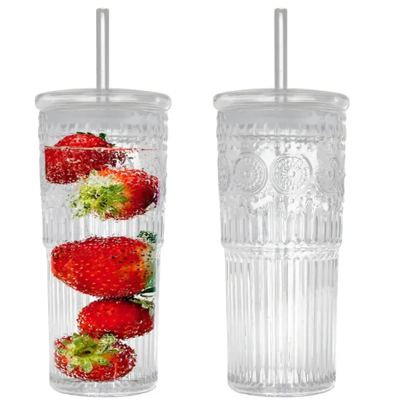 Glass Iced Coffee Cup With Lids and Straws, 24OZ High Borosilicate Glass Tumbler for Water Smoothie Juice Drinks, Tiktokshop ...
