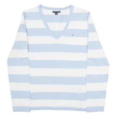 TOMMY HILFIGER Womens Patterned Jumper Blue Striped V-Neck Tight Knit M