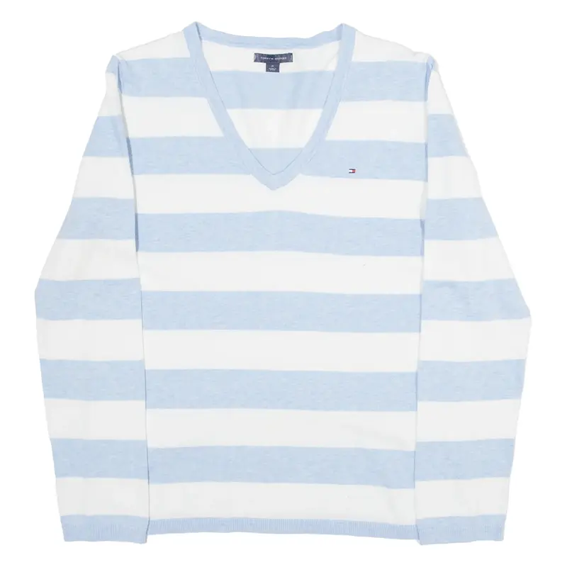 TOMMY HILFIGER Womens Patterned Jumper Blue Striped V-Neck Tight Knit M