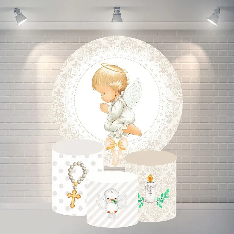 Aperturee Gold Baby And Wing Round Baby Shower Backdrop For Party | Circle Party Backdrop | Round Backdrop Fabric Cover | Rou...